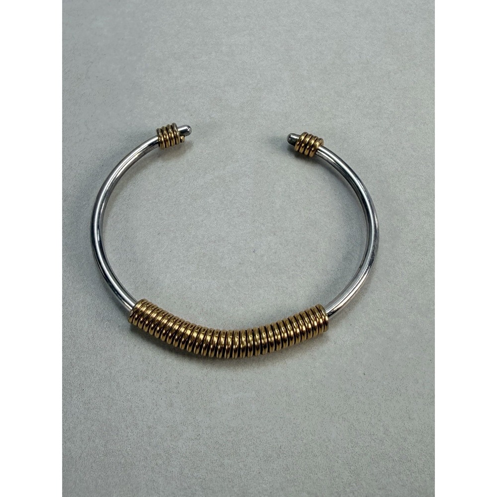Vintage Two Tone Silver Gold Tone Wire Wrap Open Cuff Bracelet Minimalist